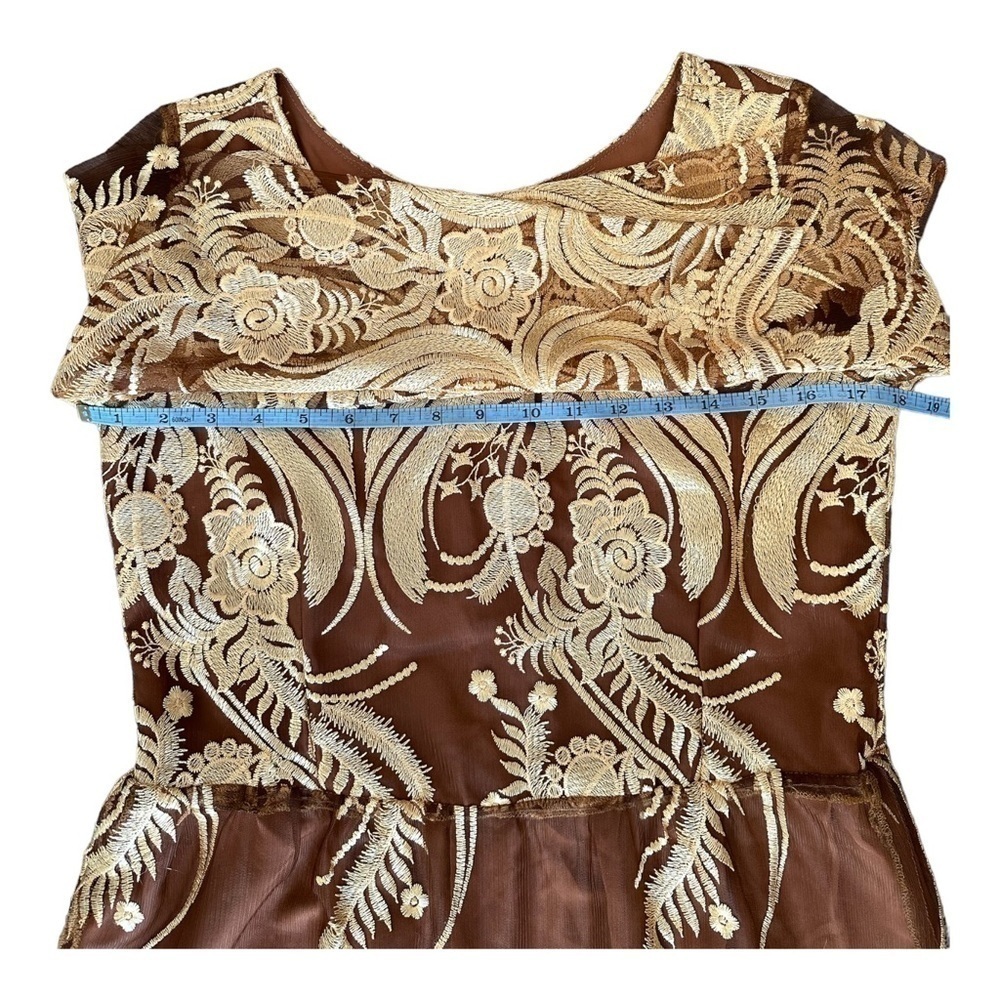 Custom Made Lace Tan & Gold Floral Dress Sun Goddess Cottagecore Apprx Sz L/XL - Picture 7 of 8